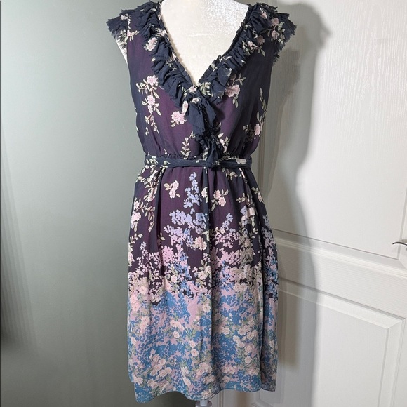 Adrianna Papell Dresses & Skirts - Adrianna Papell Silk Floral Ruffle Dress Size 12 Belted V-Neck Sleeveless